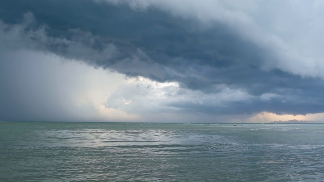 在泰国雨季，苏梅岛的沙滩上，波浪起伏的蓝色大海。热带海岸发出飓风及风暴警告。疾风和不祥的云。台风危险雷雨视频素材