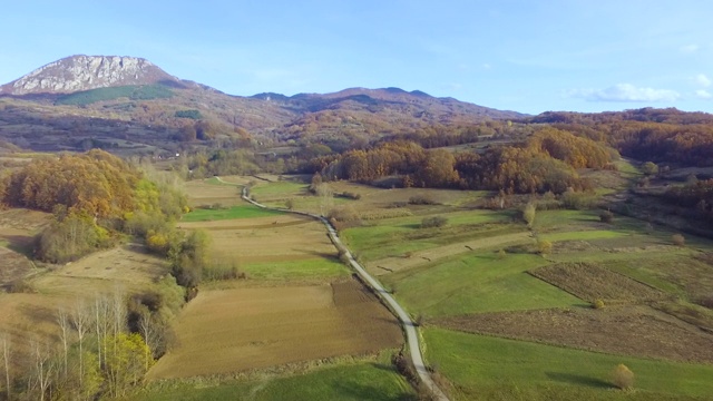 秋天的景观与黄色的树冠和交通道路在秋天的一天。空中无人机视频视频素材