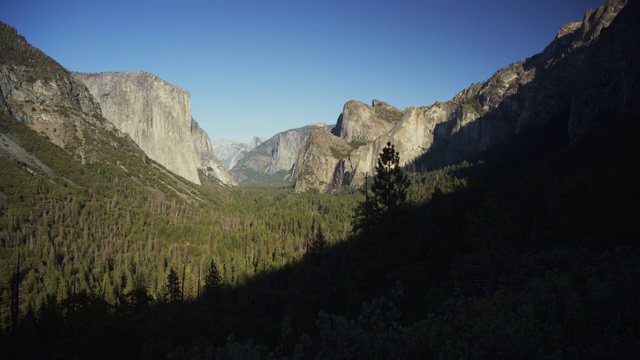 风景的阴影在树和埃尔卡皮坦/约塞米蒂山谷，加州，美国视频素材