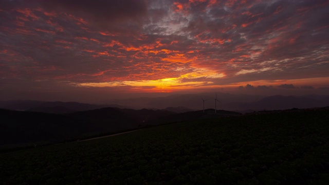 日出与风力发电机和卷心菜田Maebongsan山/大白溪，江原道，韩国视频素材