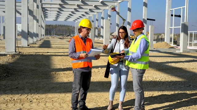 建筑师、工头和建筑工人在建筑工地交谈视频素材