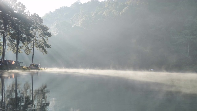 上午的气氛和阳光在庞翁湖森林种植园，梅洪臣省，泰国北部亚洲。旅游景点让人放松，与自然为伴。泛镜头慢动作视频素材