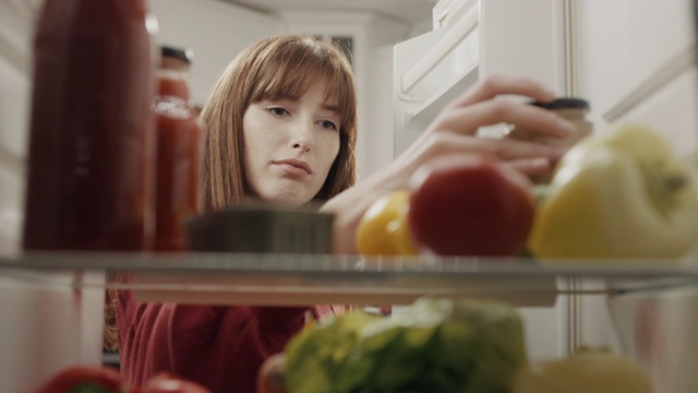 在冰箱里塞满食品的女人视频素材