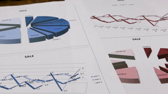 许多图表销售。滑块。数据收集和统计工作的概念形象。视频素材