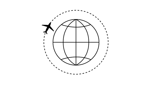 飞机沿轨道飞行。行星地球与平面围绕。在白色背景上的平面插图。飞机旅行。视频素材