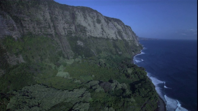 在夏威夷莫纳克亚山，海浪拍打着郁郁葱葱、崎岖不平的悬崖。视频素材