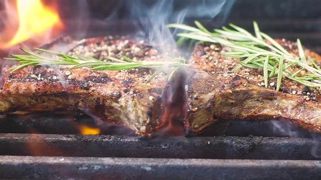 烤肉加百里香。烤肉，撒上盐和香胡椒。肉上有一小枝芳香的百里香。缓慢的运动。关闭。视频素材