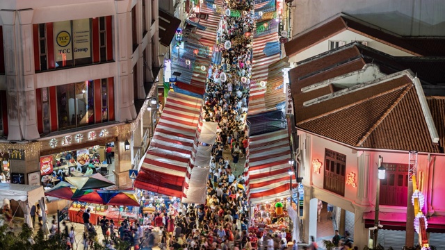 中国新年期间的唐人街，展示了夜晚繁忙的夜市和拥挤的街道，高处的景色视频素材