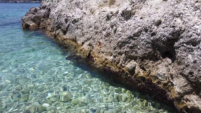 近看地中海水晶清澈的绿松石水海滩和海湾爱奥尼亚海岸岩层视频下载