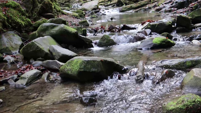 一股奇妙的淡水急流，流淌着的河流。野生山河近距离丰富的清洁小溪。巨石和水花的静态镜头。乌克兰，喀尔巴阡，4K帧视频素材