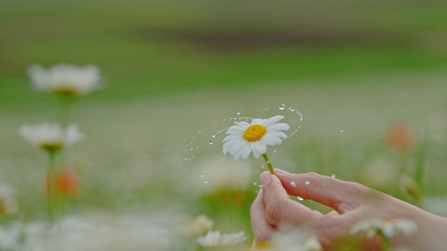 超级慢动作女子旋转水滴从新鲜的雏菊花视频素材