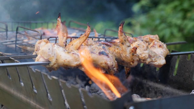 木炭烤架上的炸鸡。做饭烧烤肉。在室外准备腌肉。鸡在串肉扦视频素材