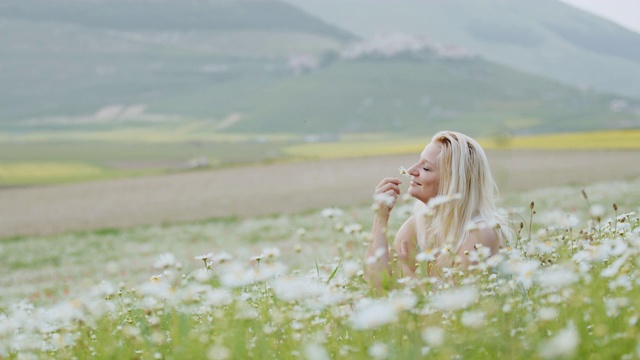 安详的年轻女子坐在田园诗般的野花草地上，Castelluccio，翁布里亚，意大利视频素材