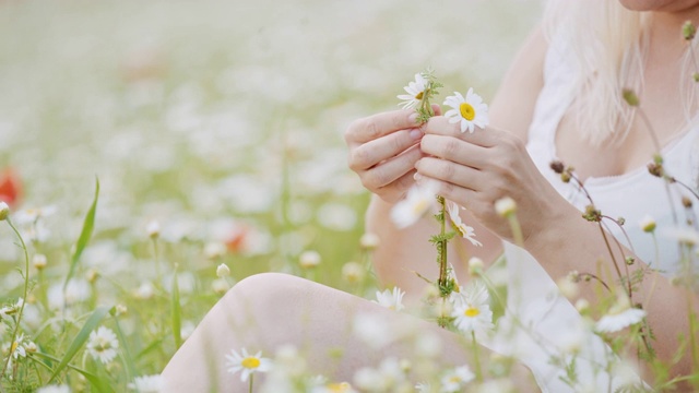 一名年轻女子在野花草地上做雏菊花环视频素材