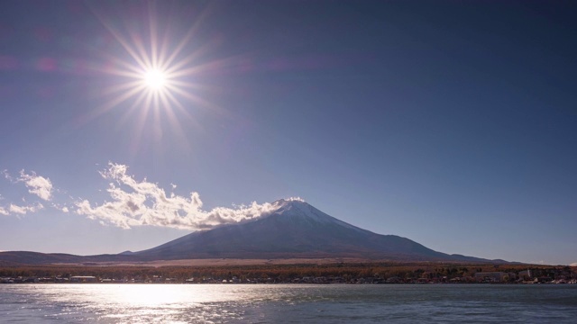 4K富士山和太阳在山中湖落下的时间间隔视频素材