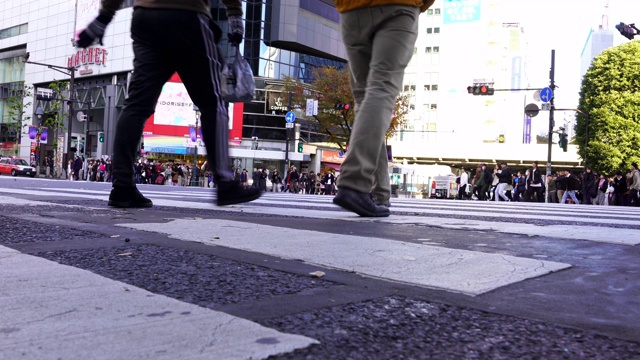 4K低角度视角的城市景观，拥挤的人群，男女游客步行穿过涩谷街，在日本东京涩谷的道路上有红绿灯的人行横道视频素材