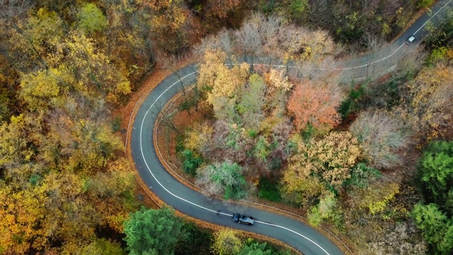 鸟瞰图的汽车通过弯曲的道路在森林。秋天高山峻岭。视频素材