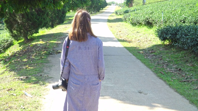 年轻美丽自信的亚洲女人穿着蓝色连衣裙，带着数码相机在夏日的早晨走过茶园农田。在大自然中放松和享受户外生活的亚洲女性。视频素材