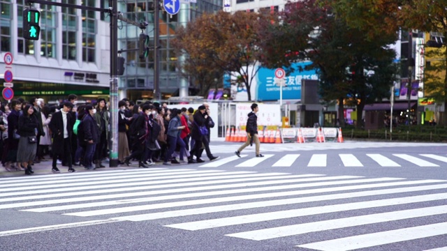 慢镜头城市景观和城市生活的亚洲拥挤的行人，男人和女人与游客步行穿过涩谷十字路口的红绿灯人行横道，东京市，日本视频素材