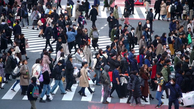 慢镜头城市景观和城市生活的亚洲拥挤的行人，男人和女人与游客步行穿过涩谷十字路口的红绿灯人行横道，东京市，日本视频素材