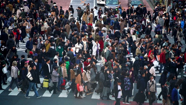 慢镜头城市景观和城市生活的亚洲拥挤的行人，男人和女人与游客步行穿过涩谷十字路口的红绿灯人行横道，东京市，日本视频素材