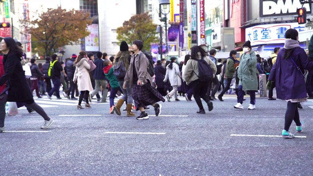 慢镜头城市景观和城市生活的亚洲拥挤的行人，男人和女人与游客步行穿过涩谷十字路口的红绿灯人行横道，东京市，日本视频素材