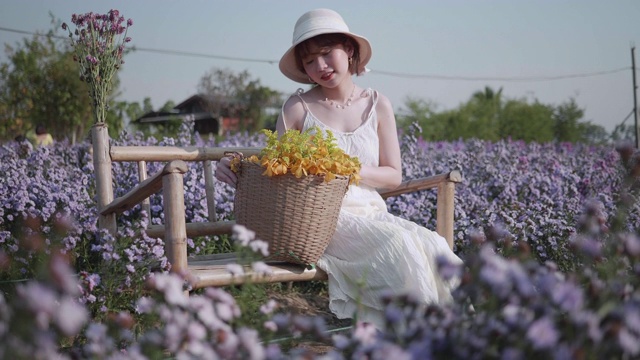 快乐的女孩在黄色和紫色的花田在日落视频素材