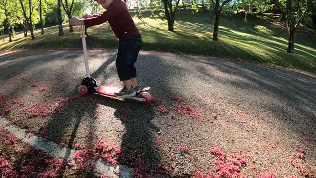 可爱的小女孩有乐趣骑摩托车在道路上在一个夏天的公园。幸福家庭和童年的概念。视频素材