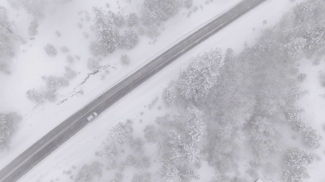 从上到下:在暴风雪中，一辆汽车在雪地里行驶。视频素材