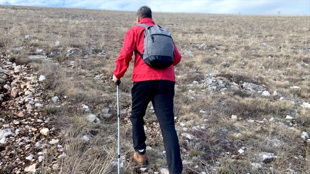 男人用登山杖徒步旅行视频素材