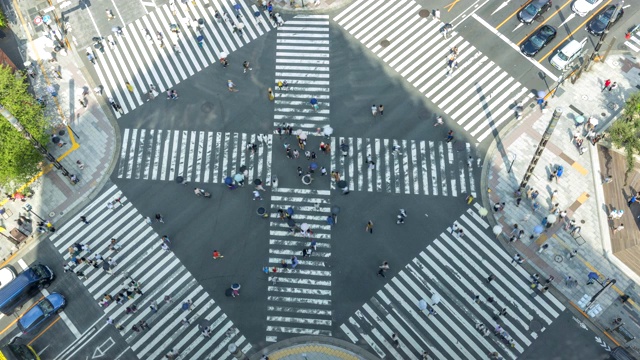 东京2019:4K超高清鸟瞰图，银座十字路口人山人海，斑马线和汽车交通灯步道视频素材