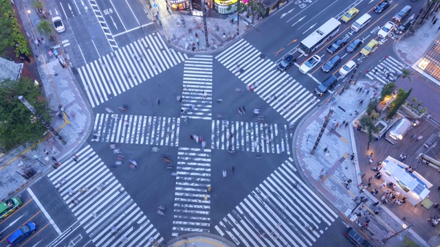 东京2019:4K超高清鸟瞰图，银座十字路口人山人海，斑马线和汽车交通灯步道视频素材