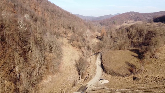 森林的树鸟瞰图。无人机拍摄的深秋的森林和乡村道路。深秋的森林山丘。鸟瞰图森林。视频素材