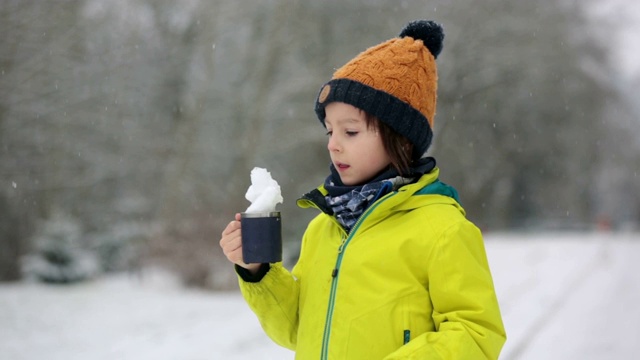 可爱的蹒跚学步的男孩，在操场上玩雪视频素材