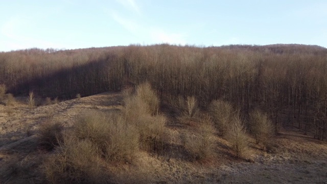 无人机拍摄的乡村地区有山丘和枯死的植被在秋天的白天视频素材