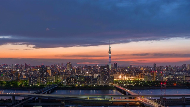 从白天到夜晚的东京天空树时间流逝的东京城市景观，日本视频素材