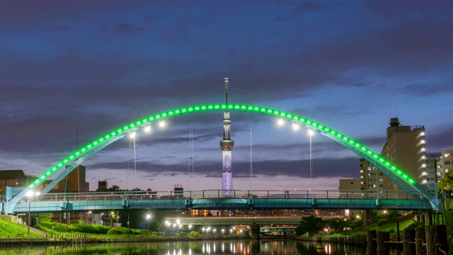 从白天到夜晚的东京天空树时间流逝的东京城市景观，日本视频素材