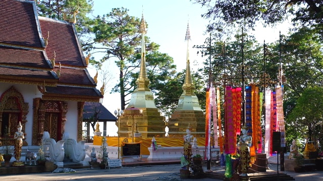 2019年11月17日，泰国清莱Wat Phra That Doi Tung。著名的金塔寺装饰着东(泰国北部国旗)视频素材