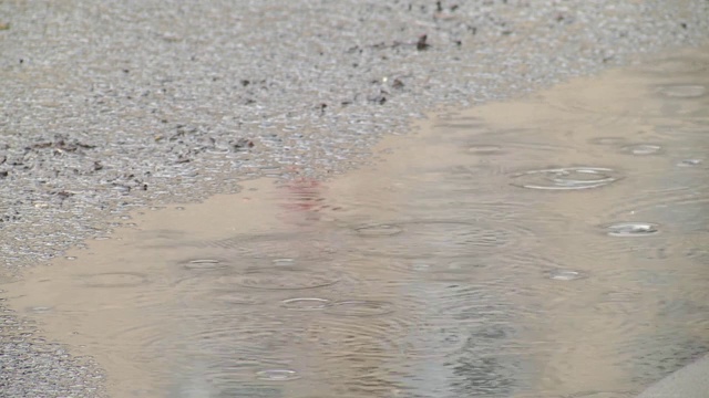 雨水在柏油路或柏油路上形成涟漪，在秋天形成强烈的对比。下雨时，车辆行驶在被水淹没的城市道路上视频素材