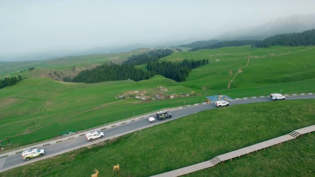 汽车在中国新疆的乡村道路上行驶的鸟瞰图。视频素材