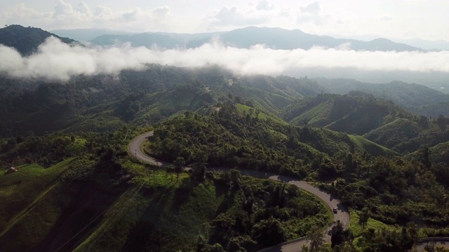 山路上有山有车，山路上有绿油油的森林，航拍视频素材