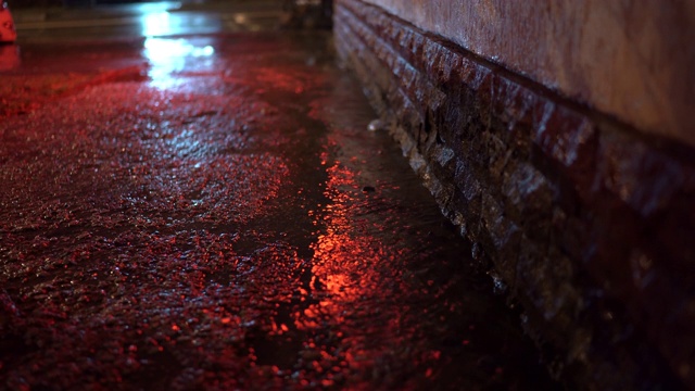 夜晚的城市街道，雨后的霓虹灯在潮湿的路面上反射。视频素材