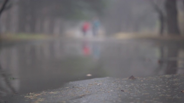 秋雨过后的小巷在秋天的人行道上泛起水坑。视频素材