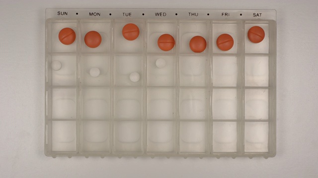 女用手将药片放入药片收纳器中，俯视图视频素材
