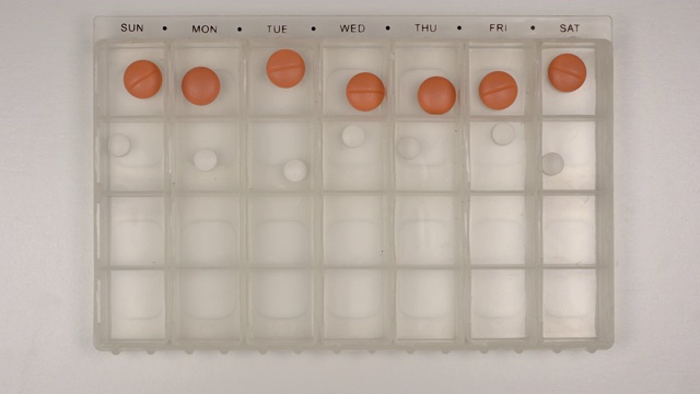 女人的手把药片放进药片收纳器，俯视图视频素材