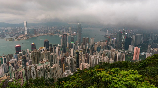 从早到晚，时间流逝香港城市的天际线。从中国香港的维多利亚山看香港摩天大楼视频素材