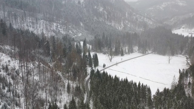 汽车在大雪中沿着一条冬季道路行驶的鸟瞰图视频素材