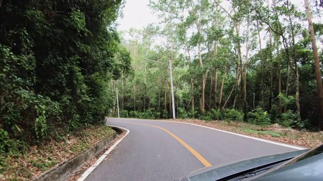 汽车在雨林环绕的道路上行驶视频素材