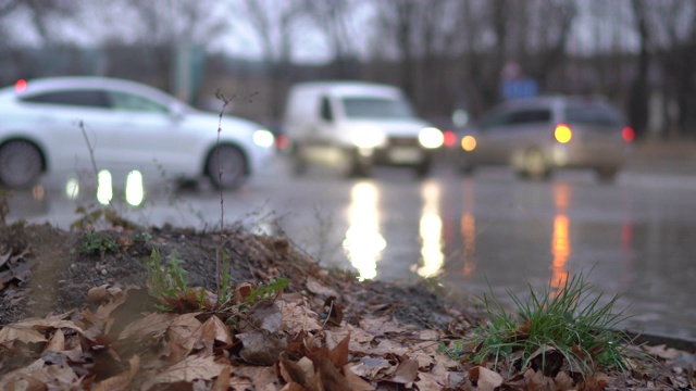 模糊的城市交通在潮湿的道路上在一个雨天的秋天大水坑的道路上视频素材