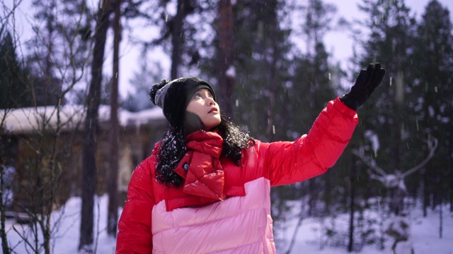 美丽的女人在冬天触摸雪花视频素材